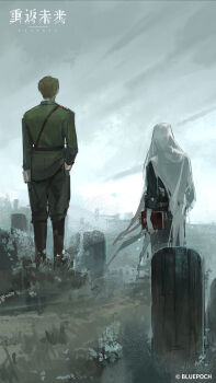 2boys absurdres belt blonde_hair blue_coat boots brown_boots charon_(reverse:1999) coat copyright_name copyright_notice facing_away from_behind gloves grave graveyard green_jacket green_pants grey_sky hand_in_pocket highres hill holding holding_notebook jacket logo male_focus military_uniform multiple_boys notebook official_art official_wallpaper outdoors overcast pants reverse:1999 sam_browne_belt sky standing tombstone veil white_gloves white_veil wide_shot