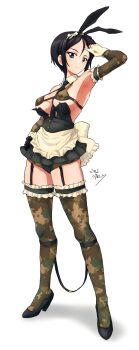 Rule 34 | 1girl, absurdres, animal ears, armpits, bikini, blue eyes, blush, breasts, camouflage, camouflage bikini, camouflage thighhighs, chouno ami, closed mouth, erakin, fake animal ears, full body, garter straps, girls und panzer, highres, large breasts, looking at viewer, rabbit ears, shorts, simple background, smile, solo, swimsuit, thighhighs, white background