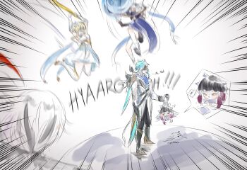 Rule 34 | 2boys, 3girls, aqua hair, arlecchino (genshin impact), arms up, ascot, black boots, black bridal gauntlets, black gloves, black hair, black mask, black pants, black shoes, black shorts, blonde hair, blue cape, blue hat, blunt ends, blunt tresses, boots, bridal gauntlets, cape, clenched hand, closed eyes, closed mouth, coat, coattails, columbina (genshin impact), distress, dottore (genshin impact), dress, emphasis lines, english text, eye mask, flower, flying sweatdrops, genshin impact, gloves, gold, gold shoes, gold trim, hair flower, hair ornament, hair ribbon, hat, high heel boots, high heels, highres, holding, holding sword, holding weapon, imminent attack, jingasa, lumine (genshin impact), mask, multicolored hair, multiple boys, multiple girls, pants, pink hair, purple ascot, ribbon, scaramouche (genshin impact), scarf, shoes, short hair, short hair with long locks, shorts, sidelocks, signature, socks, sound effects, spoilers, spoken character, standing, streaked hair, sword, thighhighs, tress ribbon, twitter username, vambraces, vortex, wanderer (genshin impact), weapon, white background, white coat, white dress, white flower, white hair, white mask, white ribbon, white scarf, white socks, white thighhighs, zilvizen