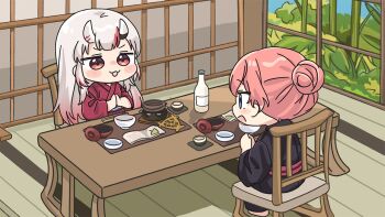 2girls :d barefoot black_kimono blue_eyes blue_sky blush blush_stickers bottle bowl chair chibi commentary_request day gradient_hair grey_hair hair_bun hololive horns indoors japanese_clothes kimono mochimiko multicolored_hair multiple_girls nakiri_ayame nose_blush obi on_chair oni open_mouth palms_together pink_hair red_eyes red_hair red_kimono sash sitting sky smile streaked_hair table takane_lui virtual_youtuber window