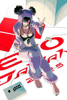 absurdres arcade_stick black_bra black_hair bra breasts collarbone controller diagonal_bangs evolution_championship_series game_controller hair_over_one_eye han_juri highres joystick large_breasts multicolored_hair navel onesie purple_eyes purple_hair sgmt_proxy sitting streaked_hair street_fighter street_fighter_6 two-tone_hair underwear v