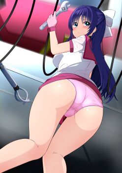 Rule 34 | 1girl, absurdres, acty (zoids), ass, blue eyes, blue hair, blush, bow, closed mouth, clothes lift, commentary request, commission, crotch seam, from behind, gloves, hair bow, highres, holding, holding wrench, kisaragi setsu (mssk8485), kneepits, lace, lace-trimmed panties, lace trim, leaning forward, light frown, long hair, looking at viewer, looking back, miniskirt, panties, partial commentary, pencil skirt, pink gloves, pink panties, pink sailor collar, pink skirt, pixiv commission, sailor collar, sailor shirt, shirt, short sleeves, skirt, skirt lift, solo, standing, underwear, uniform, white bow, white shirt, wrench, zoids, zoids fuzors
