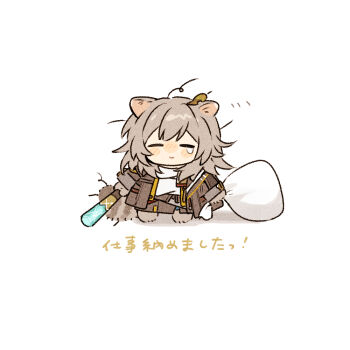 1girl animal_ear_fluff animal_ears bag baseball_bat black_jacket black_skirt blush chibi chibi_only closed_eyes closed_mouth commentary english_commentary full_body gift_bag grey_hair hair_between_eyes holding holding_bag holding_baseball_bat honkai:_star_rail honkai_(series) jacket kemonomimi_mode lapels leaf leaf_on_head long_hair long_sleeves messy_hair open_clothes open_jacket raccoon_ears raccoon_tail rizu033 shadow shirt sidelocks simple_background skirt smile solo standing stelle_(honkai:_star_rail) t-shirt tail tassel tearing_up thigh_strap trailblazer_(honkai:_star_rail) white_background white_bag white_shirt