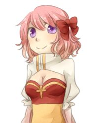 Rule 34 | 1girl, arch bishop (ragnarok online), blush, bow, breasts, cleavage, cleavage cutout, closed mouth, clothing cutout, commentary request, cross, dress, hair bow, juliet sleeves, long sleeves, looking at viewer, medium breasts, meiko (nattu303), pink hair, puffy sleeves, purple eyes, ragnarok online, red bow, sash, short hair, simple background, smile, solo, two-tone dress, upper body, white background, white dress, yellow sash
