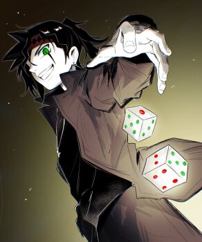 1boy black_hair dice facial_mark green_eyes headband highres jacket korean_commentary long_sleeves looking_at_viewer male_focus open_clothes open_jacket otogi_ryuuji pants smile solo starstars01 teeth yu-gi-oh! yu-gi-oh!_duel_monsters