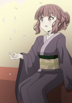 1girl dot_nose feet_out_of_frame female_focus hair_bun japanese_clothes kimono koisuru_asteroid long_sleeves medium_hair open_mouth outdoors petals qb_(qb46311027) sakurai_mikage sitting solo