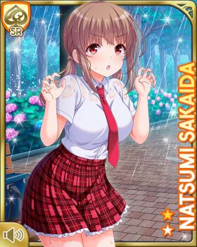 1girl :o breasts brown_hair card_(medium) closed_eyes day female_focus girlfriend_(kari) large_breasts long_hair official_art open_mouth outdoors plaid_clothes plaid_skirt qp:flapper rain red_eyes red_skirt sakaida_natsumi school_uniform shirt shoes skirt socks solo standing tagme v-shaped_eyebrows wet wet_clothes white_shirt