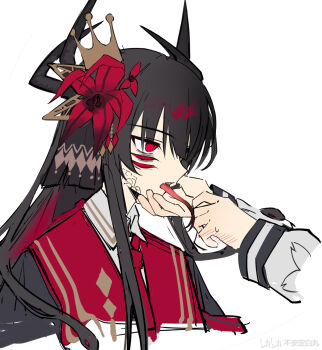 2girls black_hair black_horns crown extra_eyes extra_horns flower forked_tongue hair_flower hair_ornament hand_on_another&#039;s_chin highres horns long_hair long_sleeves looking_at_another mahou_shoujo_no_majo_saiban multiple_girls necktie nikaido_hiro open_mouth out_of_frame red_eyes red_flower red_necktie sakuraba_ema simple_background solo_focus spoilers sweatdrop tongue tongue_out upper_body white_background witch_(manosaba) wuubaiwan