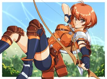 1990s_(style) 1girl arrow_(projectile) asymmetrical_legwear bike_shorts border bow_(weapon) breasts closed_mouth commission day drawing_bow fire_emblem fire_emblem:_three_houses fire_emblem_warriors:_three_hopes forest highres holding holding_bow_(weapon) holding_weapon knee_pads leonie_pinelli looking_at_viewer medium_breasts nature nintendo official_alternate_costume official_alternate_hairstyle orange_eyes orange_hair outdoors outside_border retro_artstyle short_hair single_thighhigh sirknightbot solo thighhighs urushihara_satoshi_(style) weapon white_border
