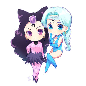 Rule 34 | 1990s (style), 2girls, aqua eyes, aqua hair, beruche (sailor moon), bishoujo senshi sailor moon, bishoujo senshi sailor moon r, black hair, black moon clan, blue eyes, blue footwear, blue gloves, boots, braid, braided bangs, braided ponytail, chibi, cone hair bun, crescent, crescent facial mark, earrings, elbow gloves, facial mark, floating, forehead mark, full body, gem, gloves, hair bun, jewelry, koan (sailor moon), leotard, long hair, multiple girls, no nose, pantyhose, purple eyes, retro artstyle, single braid, striped clothes, striped legwear, striped pantyhose, usashiro mani, vertical-striped clothes, vertical-striped pantyhose, white background