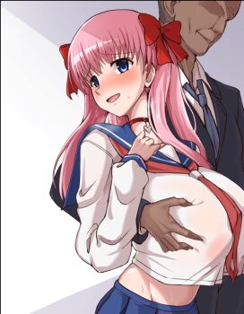 Rule 34 | 1boy, 1girl, blue eyes, blush, bow, breasts, choker, grabbing another's breast, groping, hair bow, haramura nodoka, hetero, large breasts, long hair, looking at viewer, open mouth, pink hair, red choker, saki (manga), school uniform, smile, twogie