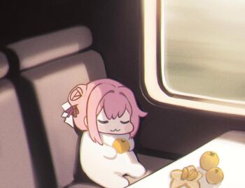 1girl :3 blush closed_eyes doro_(nikke) flower-shaped_hair food fruit goddess_of_victory:_nikke hair_intakes meme motion_blur orange_(fruit) pink_hair ribbon sidelocks sleeping solo tomatoketchup96 train window