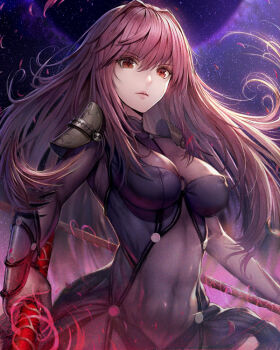 1girl armor bodysuit breasts closed_mouth commentary covered_erect_nipples covered_navel dual_wielding fate/grand_order fate_(series) female_focus gae_bolg_(fate) holding light_particles lips long_hair looking_at_viewer md5_mismatch medium_breasts norari_kuno pauldrons polearm purple_bodysuit purple_hair red_eyes red_hair resolution_mismatch revision scathach_(fate) shoulder_armor skin_tight solo source_larger spear standing static weapon