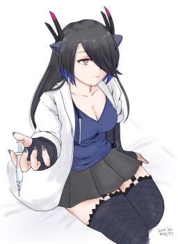1girl animal_ears black_dragon_(kemono_friends) black_hair blue_hair breasts cleavage coat doctor dragon_ears dragon_girl dragon_horns dragon_tail fingerless_gloves fishnet_gloves fishnets from_above gloves grey_eyes highres holding holding_syringe horns kemono_friends kemono_friends_3 lab_coat large_breasts long_hair looking_at_viewer multicolored_hair multicolored_horns open_clothes open_coat pink_horns saja_(166j357) scale_print shirt skirt syringe tail white_coat