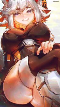 Rule 34 | 1girl, absurdres, animal ears, ass, black sleeves, black thighhighs, breasts, crossed legs, demenishki, facial mark, fang, hashtag-only commentary, highres, indie virtual youtuber, large breasts, leotard, orange hair, purple eyes, red panda ears, red panda girl, see-through cleavage, see-through clothes, see-through leotard, short hair, sweat, teeth, thick thighs, thighhighs, thighs, tkom, virtual youtuber, whisker markings, white hair