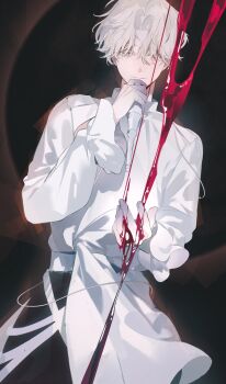 1boy absurdres alien_stage ameinu black_pants blonde_hair blood blood_on_hands closed_mouth colored_extremities colored_eyelashes commentary eclipse english_commentary frilled_sleeves frills highres holding holding_microphone looking_at_viewer luka_(alien_stage) male_focus microphone pants shirt short_hair smile solar_eclipse solo very_short_hair white_shirt yellow_eyes