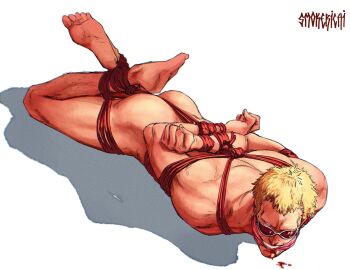1boy arms_behind_back artist_name ass bdsm blonde_hair blood blood_from_mouth bondage bound bound_arms commentary donquixote_doflamingo earrings english_commentary feet highres invisible_floor jewelry leg_hair lying male_focus on_stomach one_piece red_rope rope shadow shibari short_hair simple_background smokerichi soles solo toes white_background