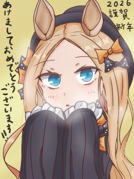 1girl 2026 abigail_williams_(fate) animal_ears black_bow blonde_hair blue_eyes bow commentary_request dot_nose fate/grand_order fate_(series) frilled_sleeves frills happy_new_year hat horse_ears kemonomimi_mode long_hair long_sleeves looking_at_viewer madokarasu new_year open_mouth orange_bow simple_background speech_bubble too_many_bows