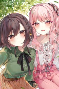 1girl 1other :d aimi_(mimi_nii2) akiyama_mizuki arm_support belt black_bow black_bowtie blush bob_cut bow bowtie braid breasts brown_belt brown_eyes brown_hair brown_skirt buttons center_frills closed_mouth collarbone collared_shirt cowboy_shot crotch_zipper double-parted_bangs drill_hair drill_sidelocks frilled_sleeves frills from_above green_shirt hair_between_eyes hair_bow happy hashtag-only_commentary high_side_ponytail highres leaf light_particles long_hair long_sleeves looking_at_viewer medium_hair open_mouth orange_bow outdoors pants pink_belt pink_eyes pink_hair pink_pants pleated_skirt project_sekai puffy_long_sleeves puffy_sleeves selfie shinonome_ena shirt shirt_tucked_in side_braid side_drill side_ponytail sidelocks simple_background single_braid sitting skirt sky sleeve_bow small_breasts smile suspenders swept_bangs tongue white_shirt white_sky