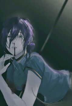 1girl black_choker blood blood_from_mouth chainsaw_man choker grenade_pin grey_shirt hair_bun highres huhaha09 imminent_death impaled nosebleed polo_shirt purple_hair reze_(chainsaw_man) shirt solo spoilers