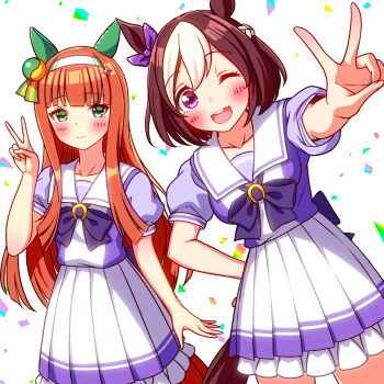 2girls animal_ears blunt_bangs blush bow bowtie braid breasts brown_hair closed_mouth collarbone commentary_request ear_bow ear_covers green_eyes hair_ornament hairband highres hime_cut horse_ears horse_girl horse_tail long_hair looking_at_viewer multicolored_hair multiple_girls one_eye_closed open_mouth orange_hair orange_tail pleated_skirt puffy_short_sleeves puffy_sleeves purple_bow purple_bowtie purple_eyes purple_shirt sailor_collar sailor_shirt school_uniform shirt short_hair short_sleeves silence_suzuka_(umamusume) skirt smile special_week_(umamusume) sugimotty_nova tail teeth tracen_school_uniform two-tone_hair umamusume upper_teeth_only v white_hair white_hairband white_sailor_collar white_skirt