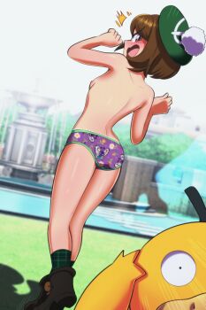 1girl animal animal_print ass bird blush boots breasts brown_boots brown_eyes brown_hair butterfly_print butterfree character_print duck embarrassed euf-dreamer floral_print gen_1_pokemon gloria_(pokemon) green_hat green_socks green_trimmed_panties hat highres nintendo nipples no_bra open_mouth panties plaid_clothes plaid_socks pokemon pokemon_(creature) pokemon_print pokemon_swsh pom_pom_(clothes) print_panties psyduck purple_panties short_hair small_breasts socks tam_o&#039;_shanter tiny_boobs trimmed_panties underwear