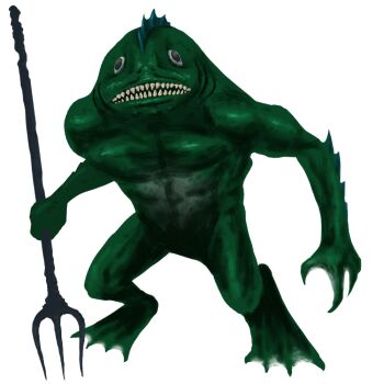 1boy black_eyes call_of_cthulhu colored_skin commentary_request cthulhu_mythos deep_one fish_boy green_skin holding holding_polearm holding_weapon monster no_humans polearm sharp_teeth simple_background slash_sai_430 solo standing teeth trident weapon webbed_feet white_background