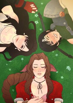 3girls absurdres aerith_gainsborough armor bangle bare_shoulders black_gloves black_hair bracelet braid braided_ponytail breasts brown_hair chest_strap choker cleavage closed_eyes closed_mouth dress earrings elbow_gloves final_fantasy final_fantasy_vii fingerless_gloves flower gloves grass green_shirt grey_eyes hair_ribbon headband highres jacket jewelry long_hair lying medium_breasts multiple_girls noctglaiveart on_back one_eye_closed parted_bangs parted_lips pauldrons pink_dress pink_ribbon red_eyes red_gloves red_jacket ribbon ribbon_choker shirt short_hair shoulder_armor sidelocks single_arm_guard single_bare_shoulder single_braid single_pauldron sleeveless sleeveless_turtleneck smile suspenders teeth tifa_lockhart turtleneck upper_body white_shirt yuffie_kisaragi