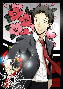 Rule 34 | 1boy, absurdres, adachi tooru, ajirostudio, black hair, black jacket, black pants, collared shirt, commentary request, crack, cracked glass, flower, formal clothes, gun, handgun, highres, holding, holding gun, holding weapon, jacket, long sleeves, looking at viewer, male focus, necktie, pants, persona, persona 4, red necktie, revolver, shirt, short hair, smile, solo, suit, upper body, weapon, white shirt