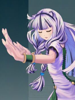 1girl animal_ear_fluff animal_ears artist_name atla_fayon black_dress black_hair blunt_bangs blunt_ends braid braided_twintails breasts child closed_eyes commentary_request dress eyelashes facing_to_the_side fighting_stance floating_hair from_side green_dress hands_up highres long_hair multicolored_dress open_mouth short_sleeves sirrush07 small_breasts solo tate_no_yuusha_no_nariagari tiger tiger_ears tiger_girl twitter_username upper_body vambraces watermark white_dress white_hair white_tiger