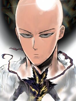 2boys bald black_eyes commentary devovas english_commentary frown garou_(monster)_(one-punch_man) garou_(one-punch_man) glint glowing glowing_eyes highres male_focus multiple_boys one-punch_man saitama_(one-punch_man) serious shiny_skin torn_clothes