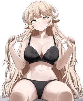 Rule 34 | 1girl, absurdres, animal ears, black bra, black pantyhose, blonde hair, blush, bow, bow bra, bra, closed mouth, commentary request, curved horns, drill3679, earrings, feet out of frame, frown, hands up, highres, holding own hair, horns, jewelry, lara (maplestory), lingerie, long hair, looking at viewer, maplestory, navel, pantyhose, simple background, sitting, solo, stomach, straight hair, underwear, underwear only, very long hair, white background, white horns