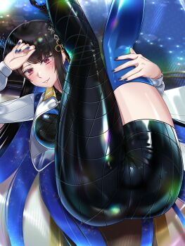 1girl black_bodysuit blue_hair blue_nails blue_thighhighs bodysuit breasts colored_inner_hair cropped_jacket flower_knot fortissimo hair_ornament highres hololive hololive_english jacket large_breasts legs_up liyan1112 long_hair looking_at_viewer lying mole mole_under_eye multicolored_hair musical_note musical_note_hair_ornament nail_polish nerissa_ravencroft on_back parted_lips purple_hair single_leg_bodysuit single_thighhigh tassel tassel_hair_ornament thighhighs very_long_hair virtual_youtuber white_jacket