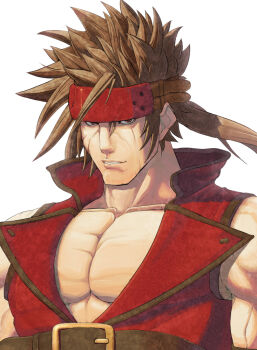 1boy belt brown_belt brown_hair commentary_request guilty_gear headband high_collar large_pectorals lionel_nakamura long_hair looking_at_viewer male_focus muscular muscular_male parted_lips pectorals red_eyes red_headband red_vest simple_background smile sol_badguy solo upper_body vest white_background
