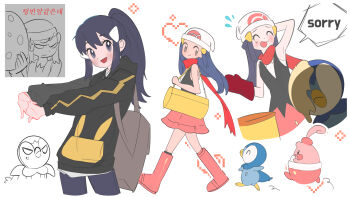 1girl ^_^ apologizing bag beanie blush boots closed_eyes commentary_request dawn_(pokemon) duffel_bag egg eyelashes flat_color flying_sweatdrops gen_4_pokemon happiny hat heart highres holding holding_egg hood hood_down hoodie interlocked_fingers korean_commentary nintendo open_mouth own_hands_together pants partially_colored pink_boots pink_skirt piplup pokemon pokemon_(creature) pokemon_bdsp red_scarf scarf shirt skirt sleeveless sleeveless_shirt smile socks speech_bubble stretching sweatdrop vpfjfevol white_background white_hat yellow_bag