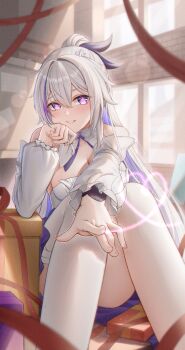 Rule 34 | 1girl, absurdres, bare shoulders, box, breasts, chinese commentary, cleavage, commentary request, detached sleeves, diamond-shaped pupils, diamond (shape), dress, gift, gift box, highres, honkai (series), honkai impact 3rd, indoors, kiana kaslana, kiana kaslana (herrscher of finality), large breasts, long hair, looking at viewer, low ponytail, ponytail, single thighhigh, smile, solo, symbol-shaped pupils, thighhighs, very long hair, white dress, white thighhighs, ying ling