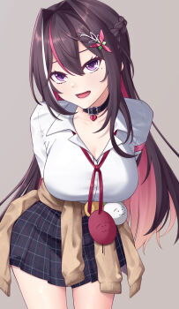 1girl absurdres alternate_breast_size_(larger) arms_behind_back azki_(hololive) black_choker black_skirt braid breasts brown_hair choker clothes_around_waist collarbone collared_shirt commentary_request dot_nose gyaru hair_between_eyes heart heart_choker highres hololive large_breasts long_hair looking_at_viewer mole mole_under_eye multicolored_hair open_mouth pink_hair purple_eyes red_ribbon ribbon shirt simple_background skirt solo virtual_youtuber white_hair white_shirt zellam