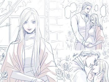 Rule 34 | 1boy, 1girl, azuma xoxo 9, blonde hair, blue eyes, blush, couple, devil may cry (series), dress, eva (devil may cry), family, hair slicked back, hetero, highres, holding, husband and wife, long hair, smile, sparda, white hair