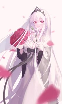 Rule 34 | 1girl, black tiara, bouquet, breasts, bridal veil, cleavage, closed mouth, commentary, dress, english commentary, falling petals, flower, girls' frontline, highres, holding, holding bouquet, holding flower, jewelry, kar98k (girls' frontline), kar98k (purity in vermilion) (girls' frontline), looking at viewer, official alternate costume, petals, red eyes, red flower, red rose, ring, rose, simple background, smile, solo, tiara, veil, wedding ring, white background, white dress, white lily, yeon lam