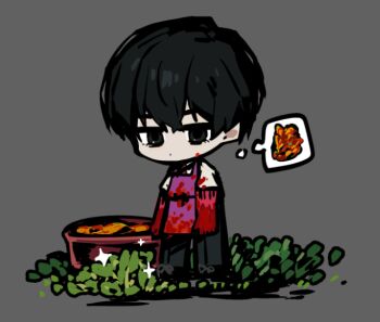 1boy apron black_eyes black_hair black_pants cabbage chibi commentary dated_commentary full_body gloves kimchi limbus_company long_sleeves official_art pants pink_gloves project_moon purple_apron shirt solo speech_bubble standing thought_bubble white_shirt yi_sang_(project_moon)