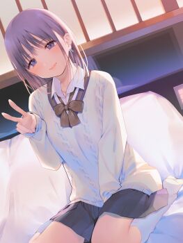 1girl absurdres blue_eyes blush bow bowtie collared_shirt ear_piercing fuzuki_fuuro highres looking_at_viewer non-web_source original piercing purple_hair school_uniform shirt sitting skirt smile solo sweater tachibana_kanna twilight v wariza