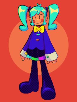 1girl ^_^ aqua_hair artist_name black_boots blue_jacket blush_stickers boots bow bowtie buttons closed_eyes closed_mouth commentary dark-skinned_female dark_skin detached_hair english_commentary facing_viewer flat_chest hatsune_miku jacket long_hair long_sleeves multicolored_skirt pleated_skirt polka_dot rainbow_trim red_background skirt smile solo static_(vocaloid) thigh_boots traditional_bowtie vocaloid white_wrist_cuffs wrist_cuffs yellow_bow yellow_bowtie zimternet