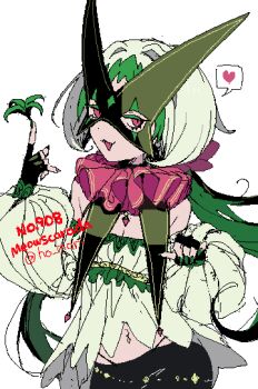 1girl artist_name green_hair green_nails green_shirt harurie looking_at_viewer mask meowscarada nintendo open_mouth personification pixel_art pointing pointing_up pokemon red_eyes shirt tagme