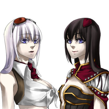 2girls bandana blacksmith_(ragnarok_online) breasts brown_dress brown_hair cape cleavage closed_mouth creator_(ragnarok_online) crop_top dress eyewear_on_head hair_ornament heart heart_hair_ornament large_breasts lips long_hair looking_at_viewer medium_breasts multiple_girls orange-tinted_eyewear pink_hair purple_eyes ragnarok_online red_bandana red_cape shirt simple_background sleeveless sleeveless_shirt smile strapless strapless_dress sunglasses tied_shirt tinted_eyewear toriria upper_body white_background white_shirt