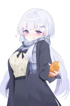 Rule 34 | 1girl, aran sweater, artist request, ayatsuno yuni, belt, black belt, black bow, black coat, black skirt, blush, bow, breasts, cable knit, coat, commentary request, cowboy shot, enpera, food, food bite, grey hair, grey scarf, grin, hair ornament, highres, holding, holding food, korean commentary, long hair, long sleeves, looking at viewer, open clothes, open coat, plaid clothes, plaid scarf, scarf, second-party source, simple background, skirt, smile, solo, standing, star-shaped pupils, star (symbol), stellive, sweater, sweater tucked in, symbol-shaped pupils, taiyaki, very long hair, virtual youtuber, wagashi, white background, x hair ornament, yellow sweater