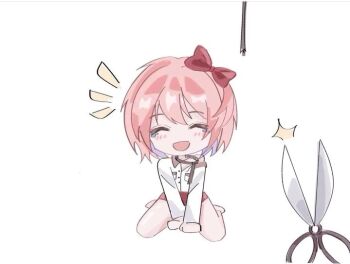 1girl ^^^ arms_between_legs attempted_suicide blush bow breast_pocket buttons closed_eyes collared_shirt commentary deformed doki_doki_literature_club english_commentary full_body hair_bow long_sleeves noose notice_lines open_mouth orange_hair pajamas partially_unbuttoned pocket rachel_campbell red_bow red_shorts sayori_(doki_doki_literature_club) scissors shirt short_hair shorts simple_background single_bare_shoulder single_off_shoulder sitting smile tearing_up wariza white_background white_shirt