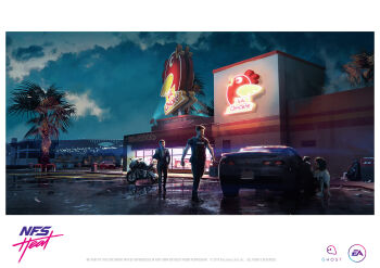 2boys 2girls absurdres ana_rivera biker_clothes bikesuit black_bodysuit black_footwear black_hair bmw bmw_3_series bmw_e30 bmw_m3 bmw_s1000rr bodysuit boots bridge brown_hair car chevrolet chevrolet_camaro chevrolet_camaro_(6th_generation) cloud commentary copyright_name danny_shaw electronic_arts english_commentary english_text eva_torres fast_food hiding highres logo motor_vehicle motorcycle multiple_boys multiple_girls need_for_speed need_for_speed_heat official_art palm_tree player_character_(nfs_heat) police police_uniform ross_dearsley second-party_source shadow sky trash_bag tree unmarked_police_car walking