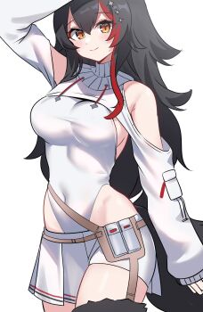 1girl animal_ears arm_up bare_shoulders black_hair blush breasts closed_mouth clothing_cutout cosplay covered_navel hair_between_eyes hashtag-only_commentary highres hip_bones hip_vent hololive hololive_dev_is kumarang large_breasts leotard long_sleeves looking_at_viewer multicolored_hair official_alternate_costume ookami_mio orange_eyes puffy_long_sleeves puffy_sleeves red_hair shoulder_cutout shrug_(clothing) simple_background skirt sleeves_past_wrists smile solo streaked_hair tail tail_wrap todoroki_hajime todoroki_hajime_(cosplay) todoroki_hajime_(regloss_uniform) virtual_youtuber white_background white_leotard white_shrug white_skirt wolf_ears wolf_girl wolf_tail