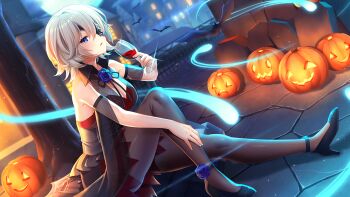 1girl alcohol animal_print bare_shoulders basket bat_hair_ornament bat_print bat_wings bird black_cape black_cat black_wings blue_eyes blue_flower blue_rose bow breasts brick_floor bridal_gauntlets building burning candle candlelight candlestand candy cape castle cat church cleavage clock clock_tower coffin cookie costume crescent_moon cross cup deep_one_kyomu_to_mugen_no_fragment demon_horns demon_tail dress drinking drinking_glass dutch_angle elbow_gloves emoji eyepatch fake_horns fake_wings fangs fence fire fishnets flower food food-themed_hair_ornament full_moon gate ghost ghost_costume gloves glowing glowing_eyes grave graveyard hair_ornament halloween halloween_bucket halloween_costume happy_halloween hat head_wings high_heels holding holding_basket holding_candy holding_cup holding_food horns iri-na_irizarova moon non-web_source rose tail tower wings