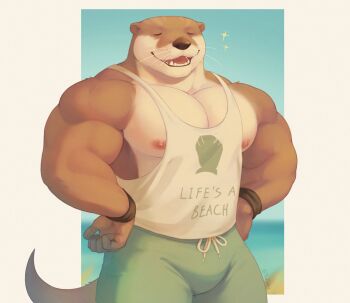 1boy animal_ears bara bulge closed_eyes commentary echo_project english_commentary fangs furry furry_male green_shorts hands_on_own_hips highres male_focus muscular muscular_male nipples open_mouth otter_boy otter_ears otter_tail pectorals shirt shorts sleeveless sleeveless_shirt sparkle tail tank_top the0tterr the_smoke_room todd_bronson_(the_smoke_room) whiskers white_shirt white_tank_top wristband